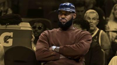 Close view of LeBron James of the Los Angeles Lakers hat during