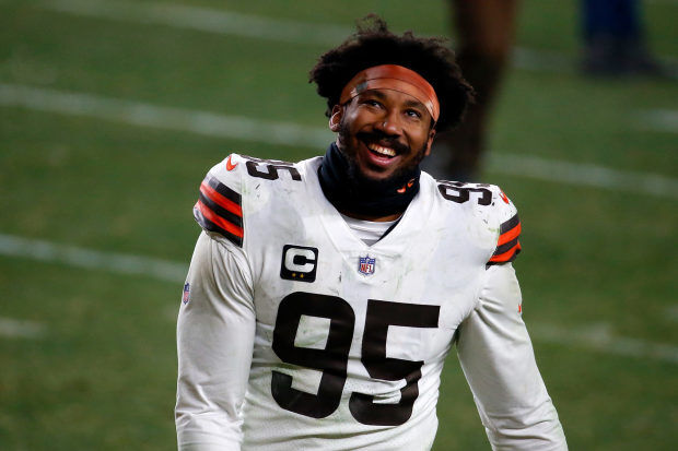 Cleveland Browns defensive end Myles Garrett (95) runs on the field during  an NFL football game