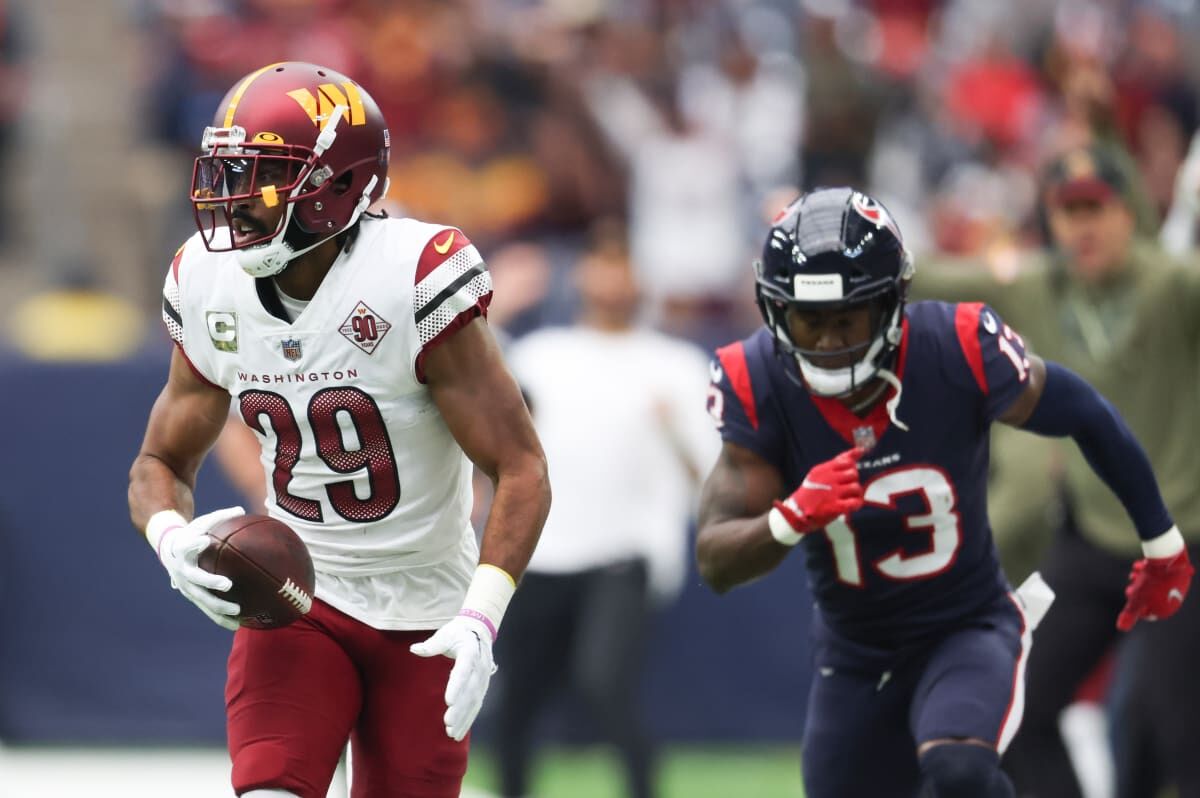 Washington Commanders cornerback Kendall Fuller plays defense