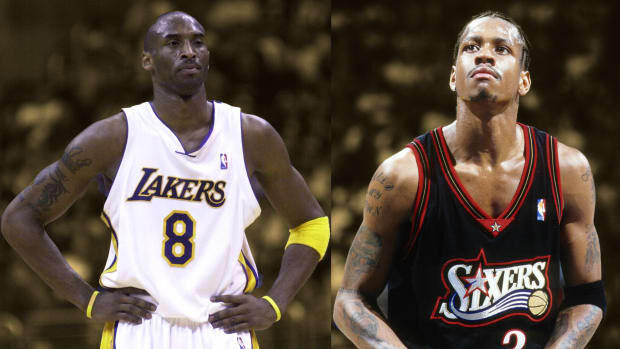 Kobe Bryant of the Los Angeles Lakers chats with Allen Iverson of the
