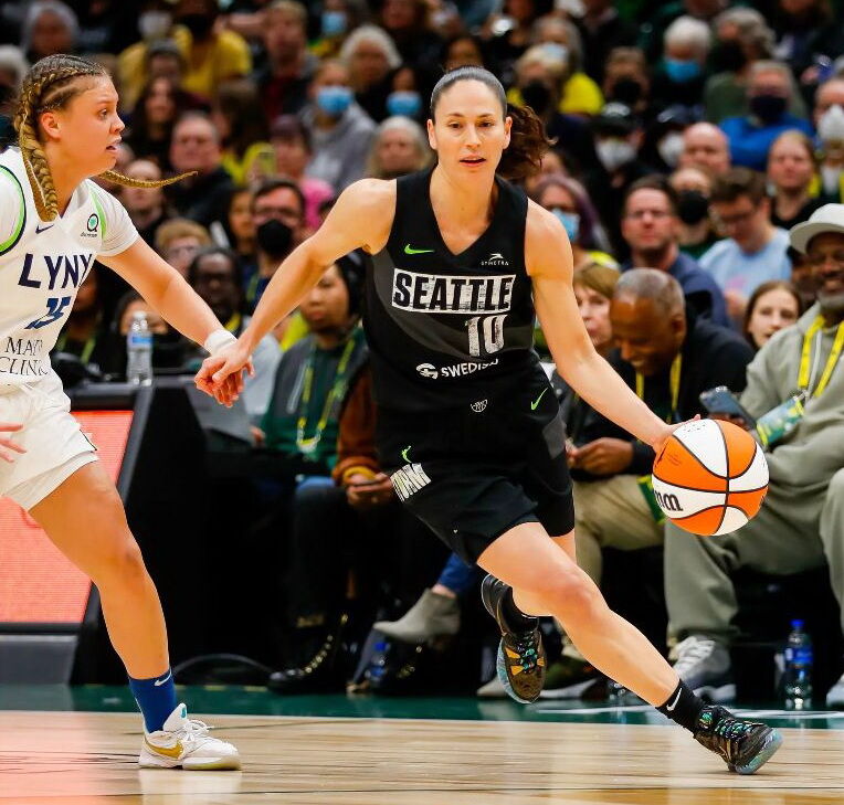 Seattle Storm guard Sue Bird drives the ball down court against