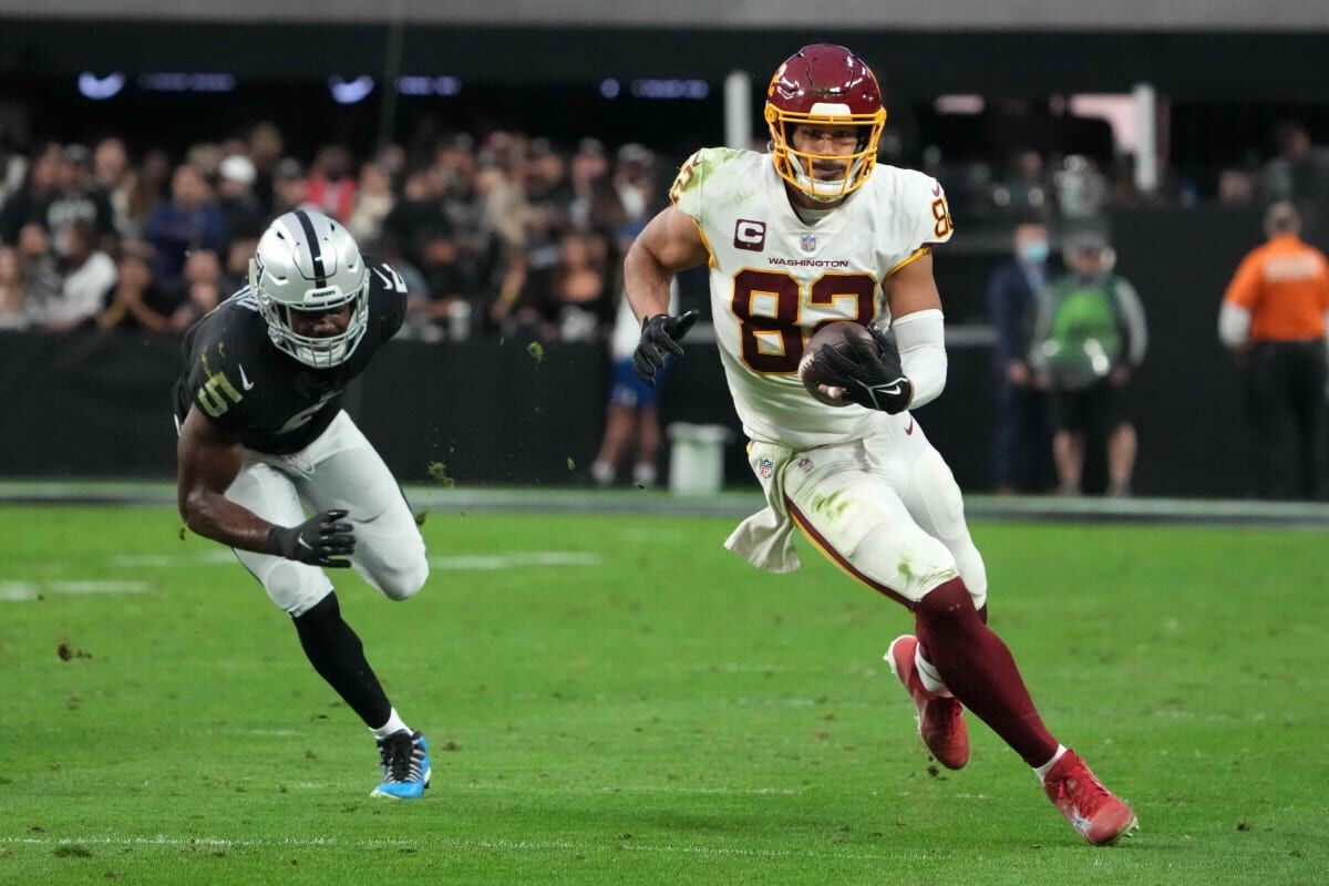 Washington Commanders tight end Logan Thomas (82) warms up before