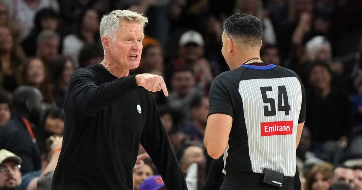 golden-state-warriors-head-coach-steve-kerr-reacts-after-getting-a-technical-foul-from-referee-ray-acosta-54-in-the-second-half-during-a-game-against-the-phoenix-suns-at-mortgage-matchup-center