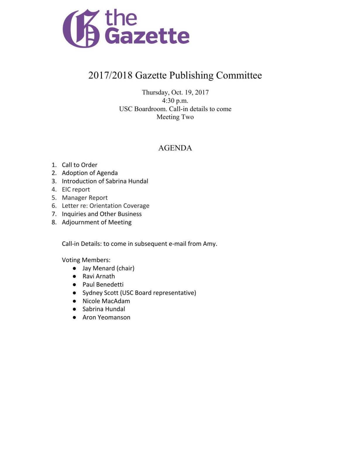 Agenda and documents Oct. 29, 2017