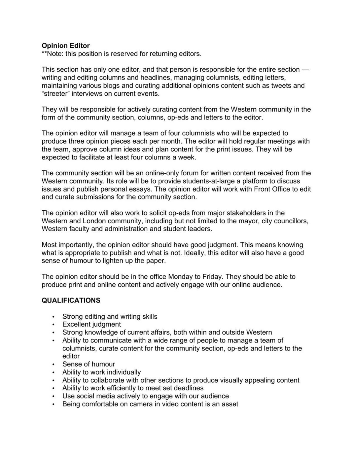 Opinion Editor Job Description Westerngazette Ca