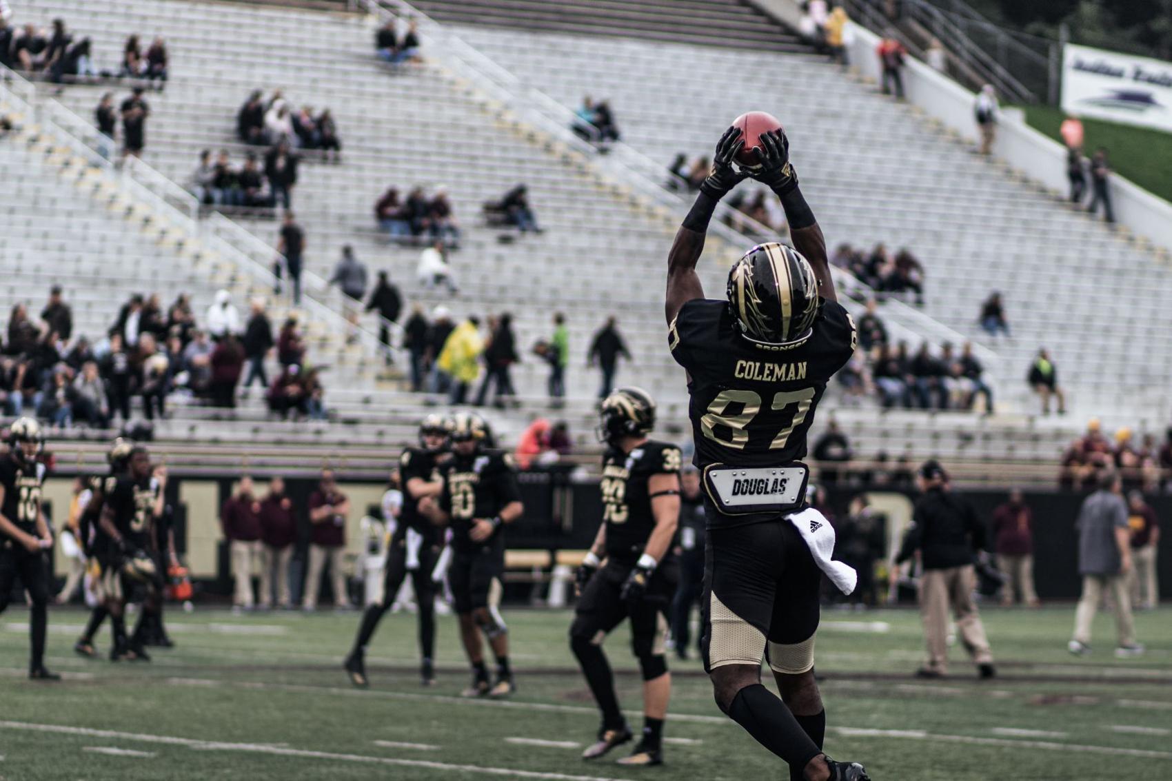 Freshman receiver Cameron Coleman catches passes pregame vs. CMU