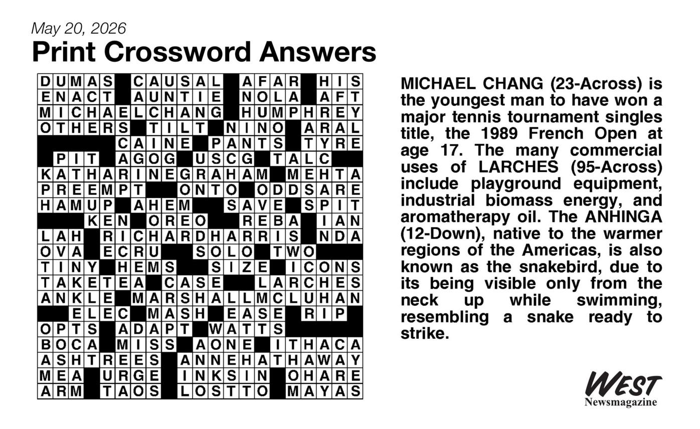 Crossword Answers: May 20, 2026 | Crossword Puzzle | westnewsmagazine.com