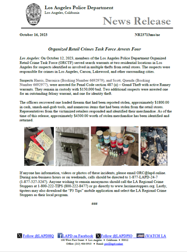 LAPD Arrest Four Suspects Involved in Multi-City Retail Theft Ring ...