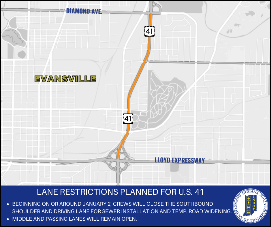 Lane restrictions coming to Highway 41 in Evansville