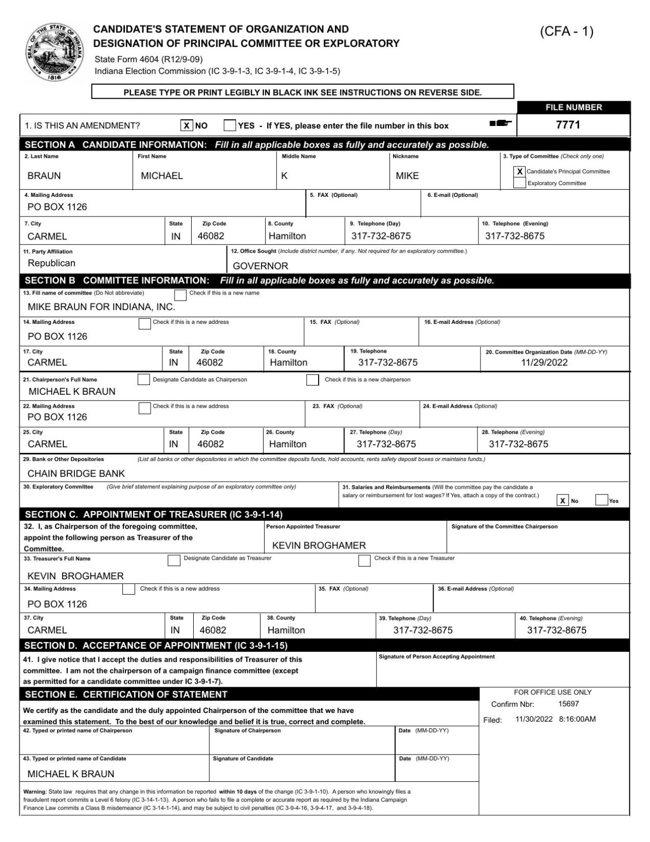Senator Mike Braun files paperwork to run for governor of Indiana