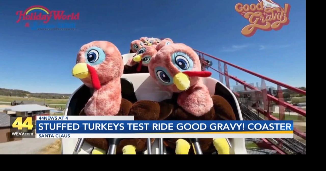 Stuffed Turkeys test ride new Holiday World rollercoaster | Video ...