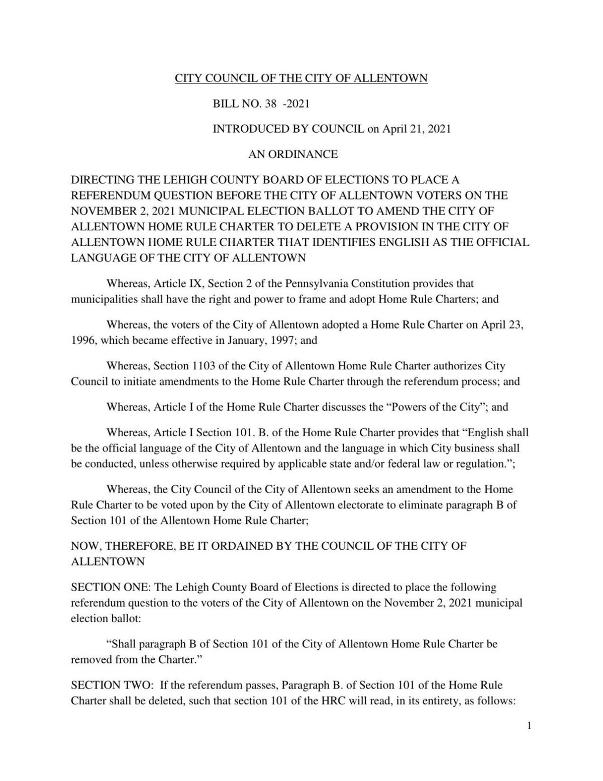 Allentown BILL NO. 38 -2021 Remove English as official language