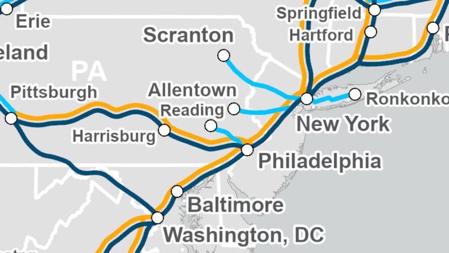 Amtrak map of train service between Reading and Philadelphia