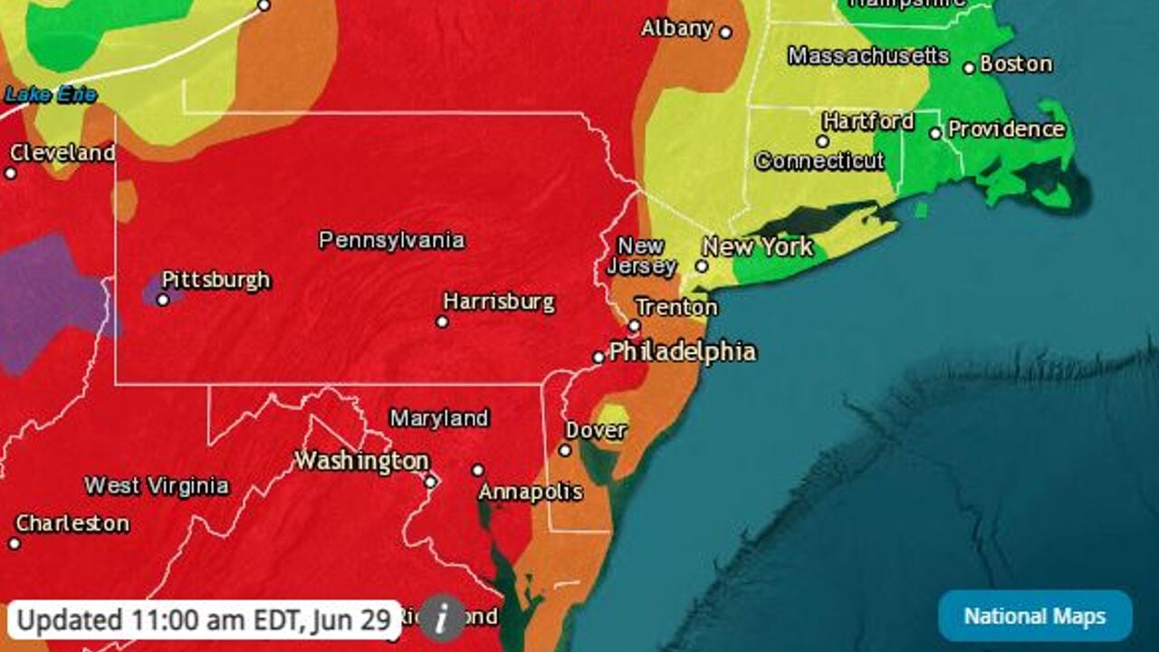 Pennsylvania Air Quality Index map 11am June 29 wfmz