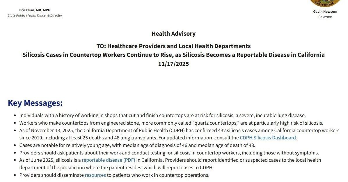 Brayton Purcell LLP Highlights Massachusetts Safety Alert After State's First Silicosis Case in Artificial Stone Industry