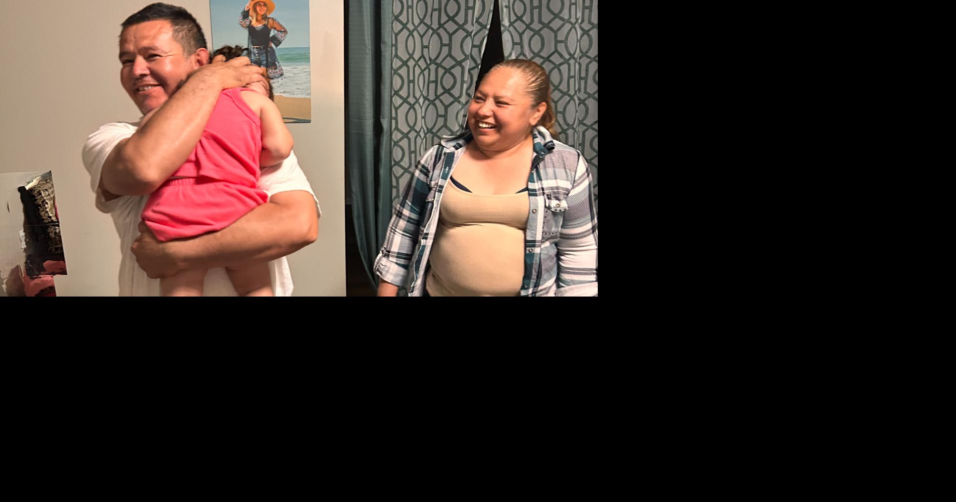 Erasmo Zavala hugs his granddaughter, Selene, as his wife Maria stands nearby. A picture of Selene’s mother, Selena, who was murdered, hangs behind the family. May 29, 2026.