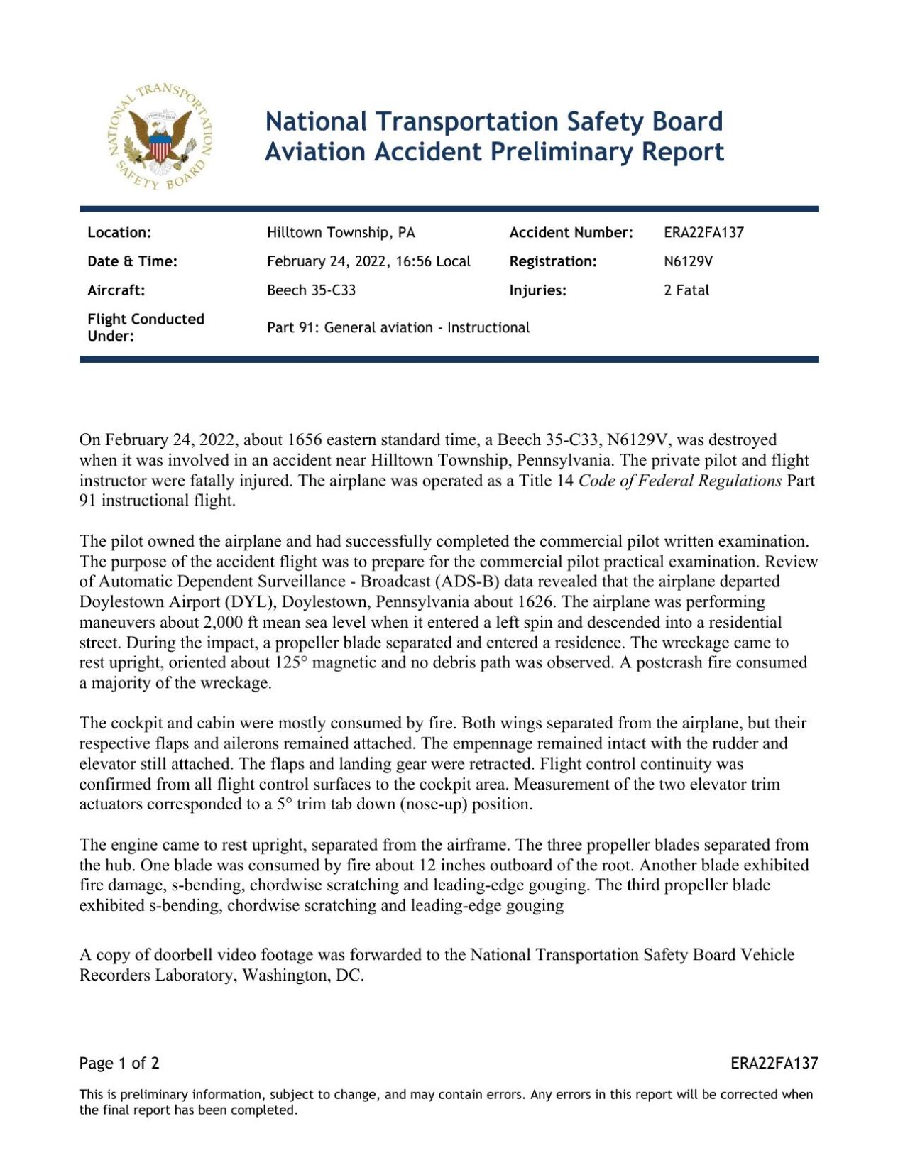 NTSB releases preliminary report on small plane crash that killed 2 in ...
