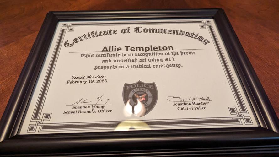 Certificate of commendation for Allie Templeton
