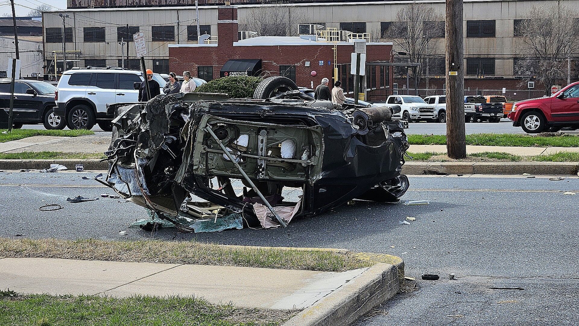 Car splits in two after crash into utility pole in Reading | Berks ...