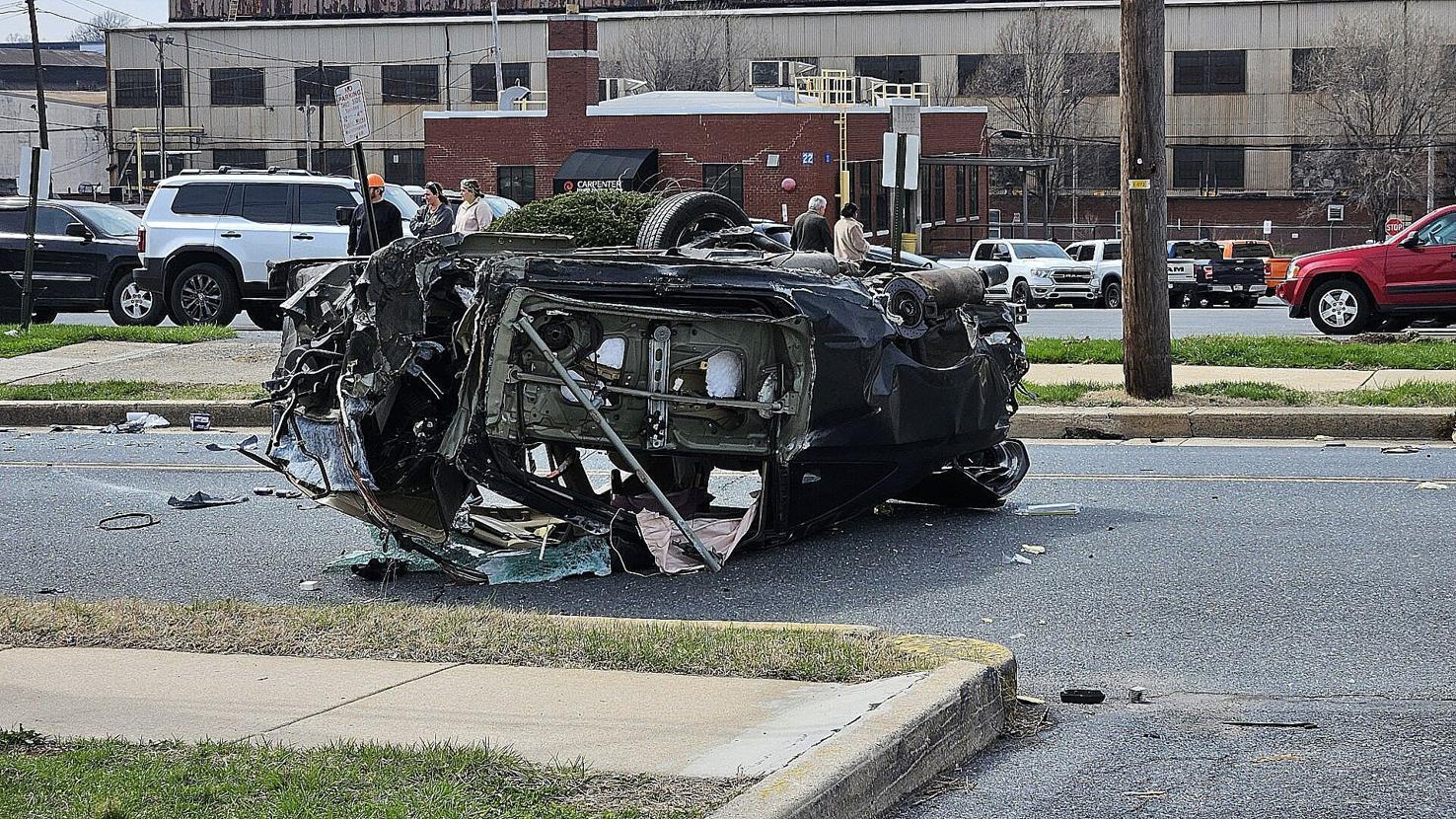 Car splits in two after crash into utility pole in Reading | Berks ...
