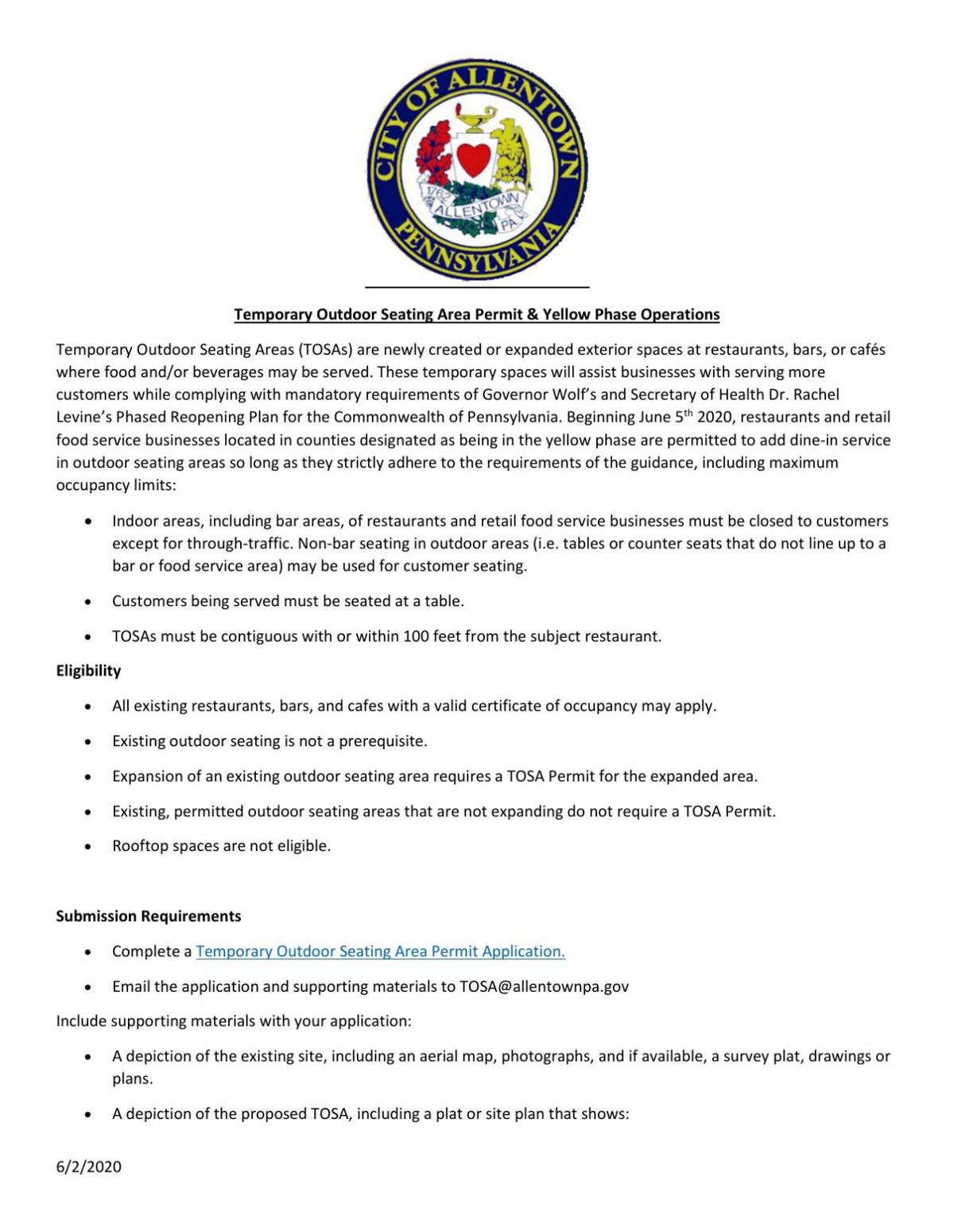 Allentown Outdoor Seating Regulations and Temporary Outdoor Seating