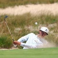 Photo: WFMZ.com US 17-year-old Miles Russell, the youngest player in the 126th US Open, plays from a bunker during a practice round at