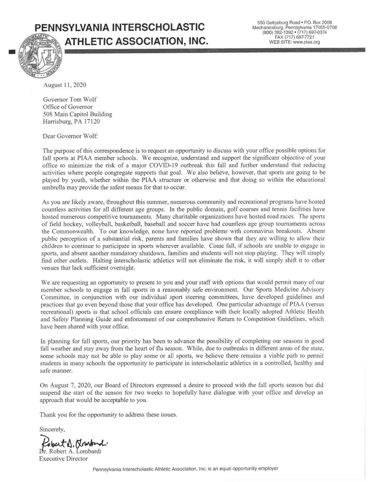 PIAA Letter to Governor Wolf