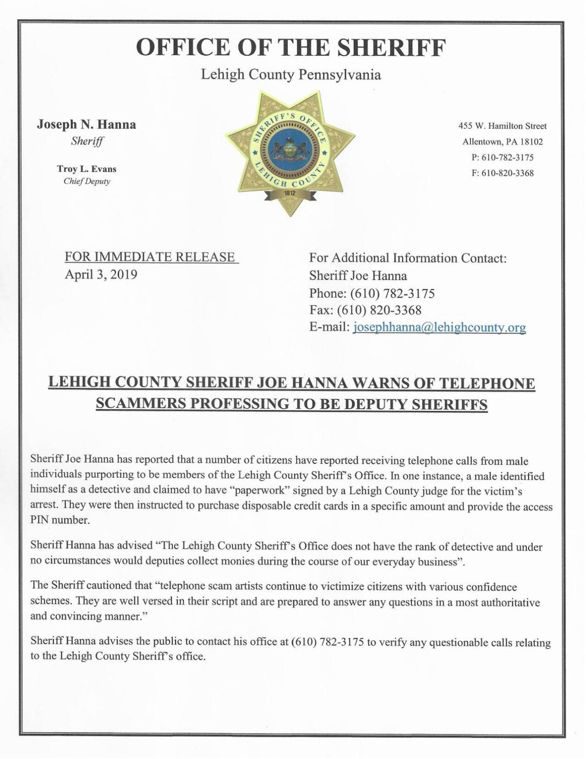 Lehigh County Sheriff Joe Hanna's warning about telephone scams
