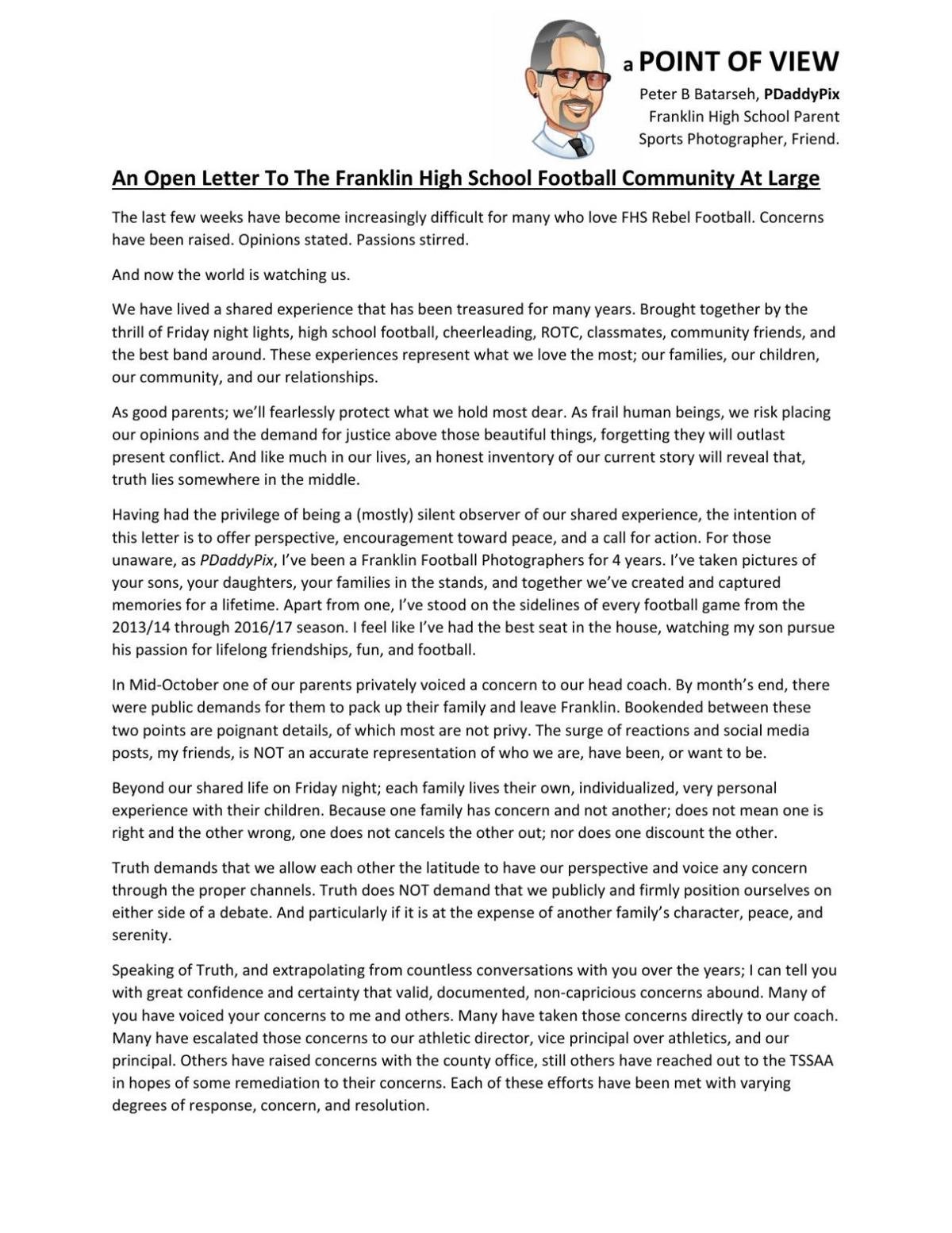 Letter to the Editor An Open Letter to the Franklin High School Letter to the Editor An Open Letter to the Franklin High School