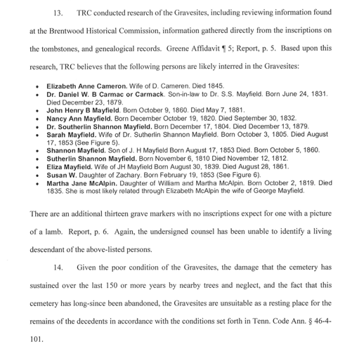 Names of the buried in Mayfield Cemetery