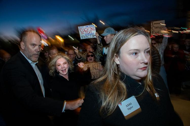 Protesters confront Sen. Marsha Blackburn outside the Tennessee State Museum