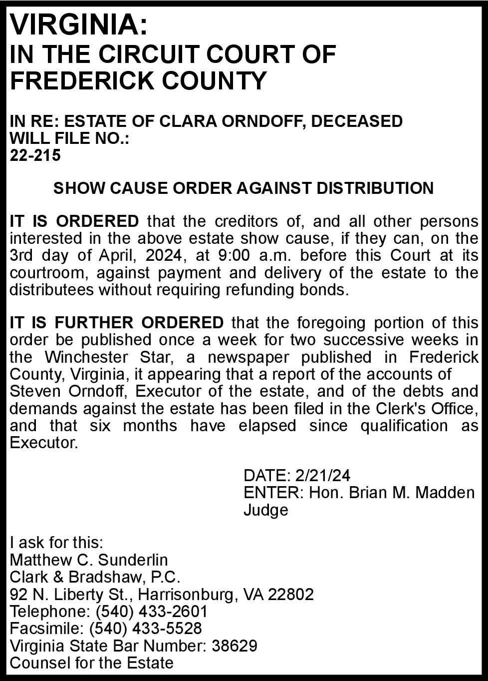 Estate Of Clara Orndorff | 3-1 & 8 | Notices | Winchesterstar.com