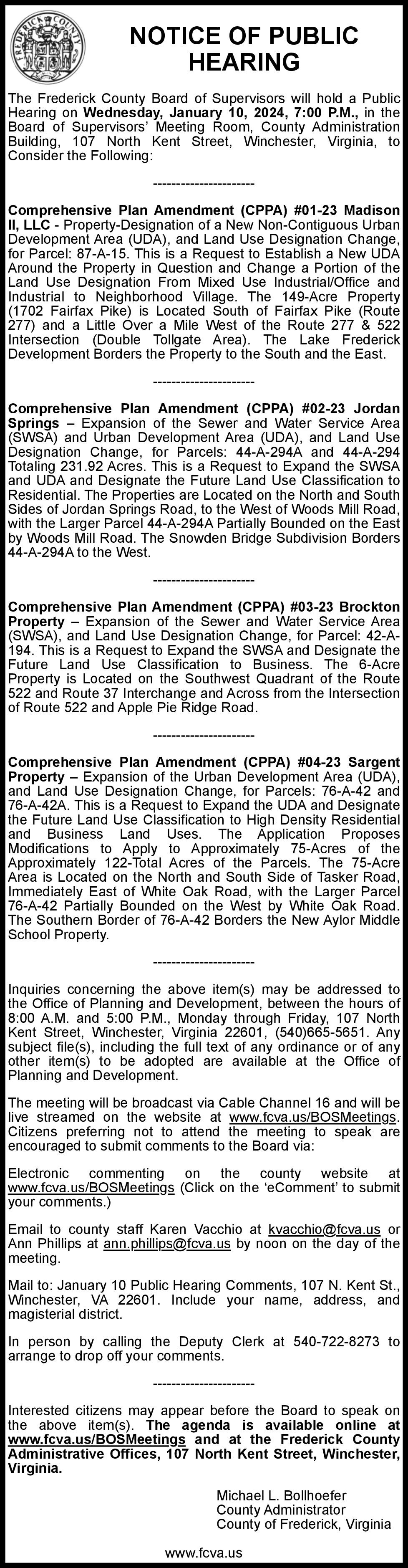 Notice Of Public Hearing 1-10 | 12-27 & 1-3 | Notices | Winchesterstar.com