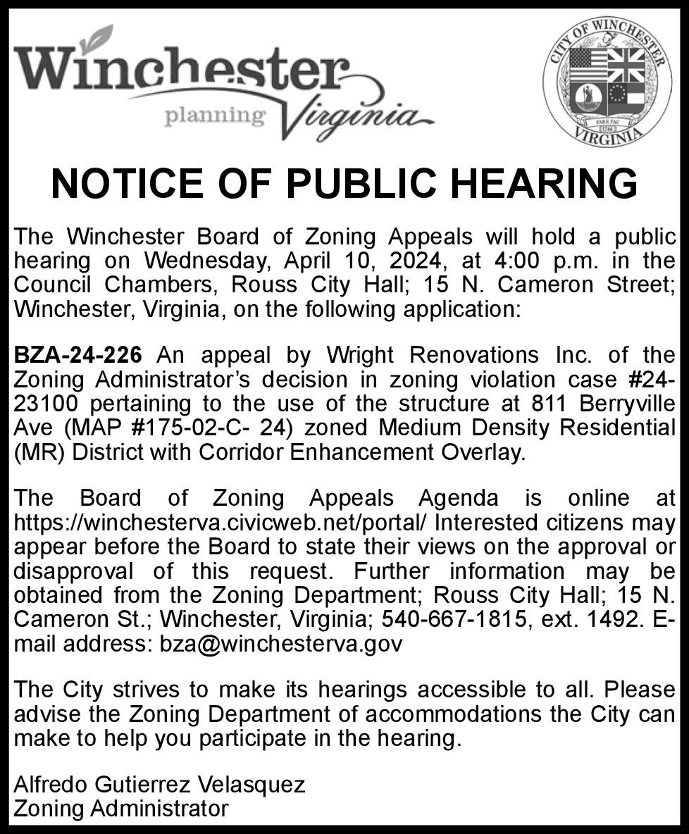 Planning BZA Notice Of Public Hearing 4-10 | Notices | Winchesterstar.com