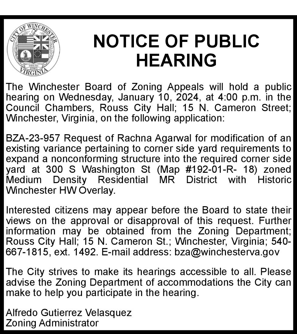 BZA Notice Of Public Hearing 1-10 | Notices | Winchesterstar.com