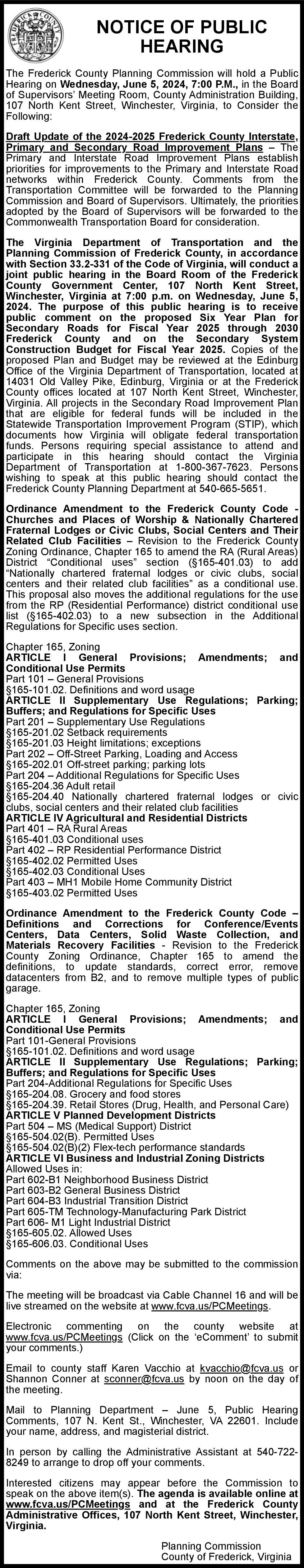 Notice of Public Hearing 6-5 | 5-22 & 29 | Notices | winchesterstar.com