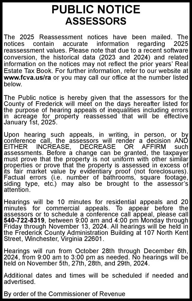 Notice of 2025 RA Assessor Appeals Public Hearings 1018 Notices