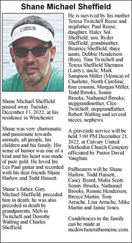 Shane Michael Sheffield, Obituaries