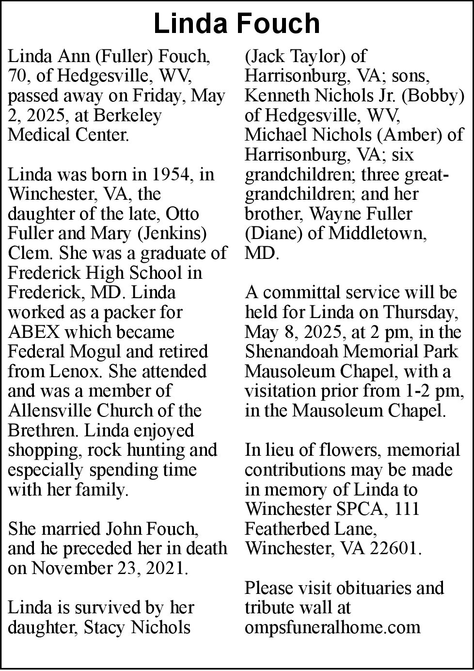 Linda Fouch Obituaries