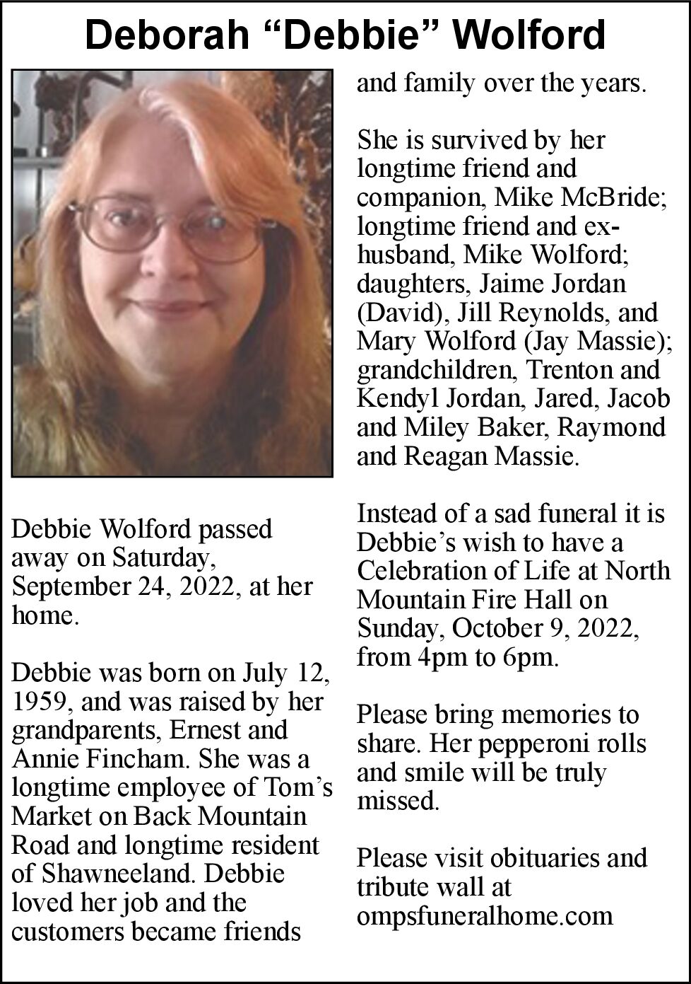 Deborah Debbie Wolford Obituaries winchesterstar