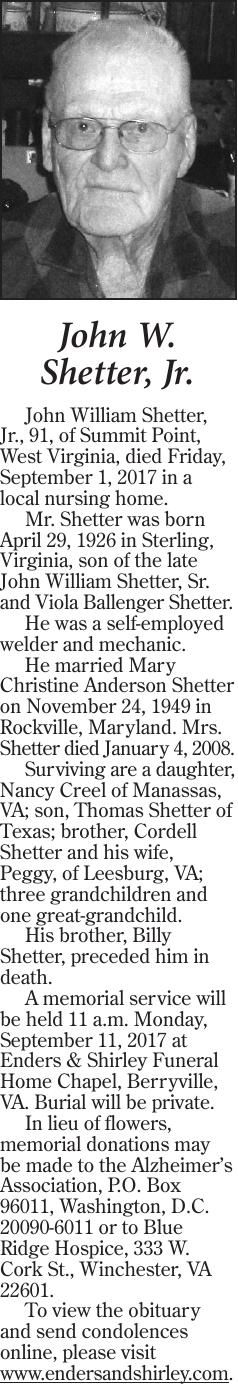 John W. Shetter Jr. | Obituaries | Winchesterstar.com