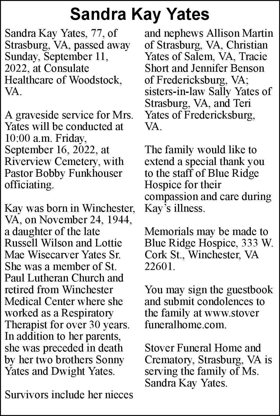 Sandra Kay Yates Obituaries