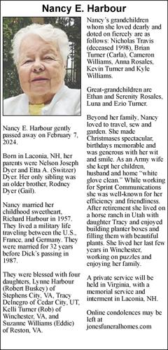 Nancy E Harbour Obituaries winchesterstar com