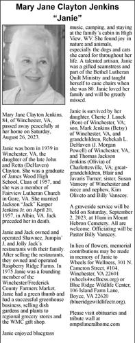 Mary Jane Clayton Jenkins Janie Obituaries winchesterstar com