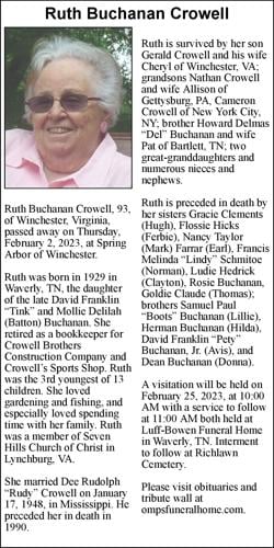 Ruth Buchanan Crowell Obituaries winchesterstar com