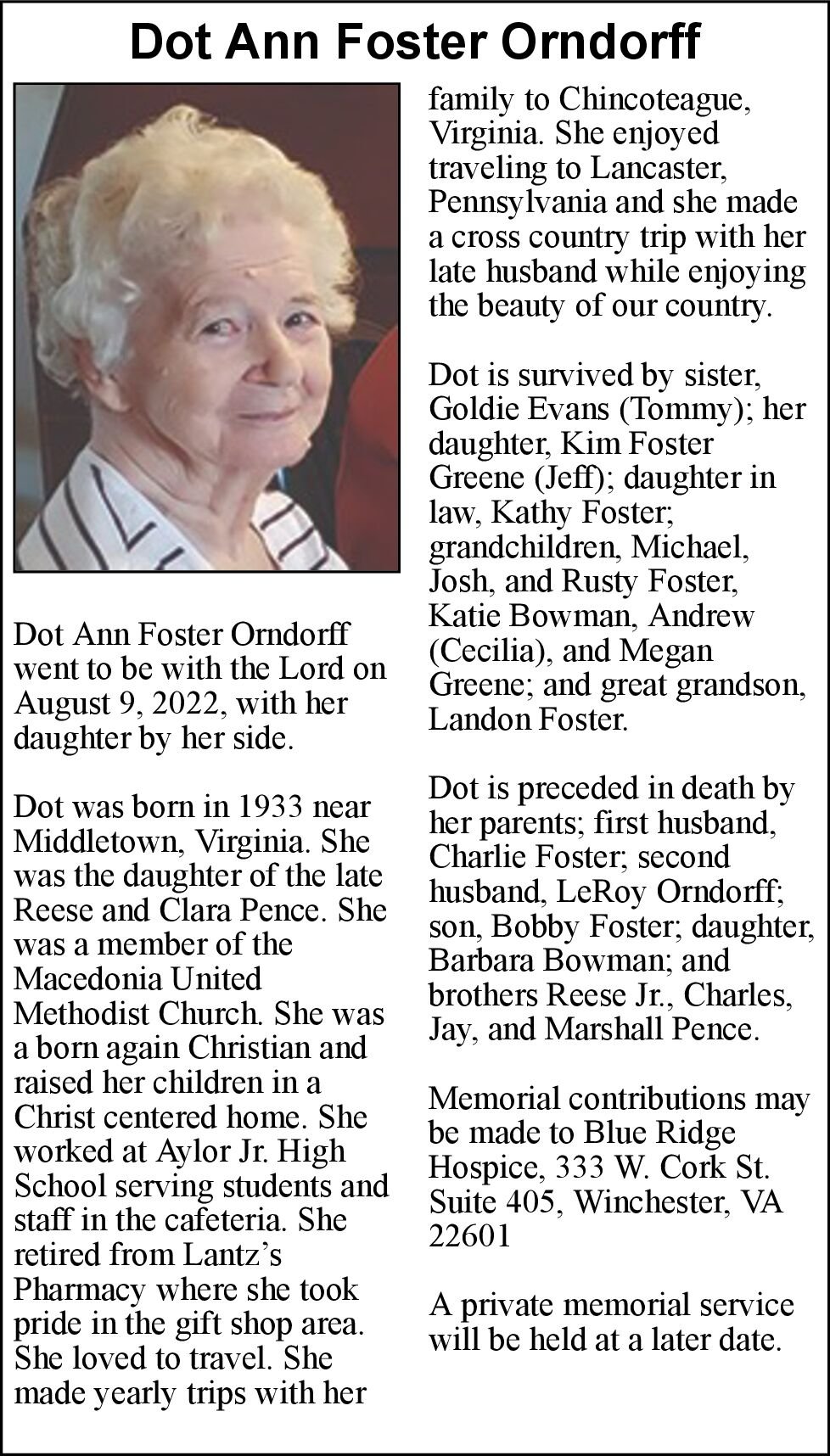 Dot Ann Foster Orndorff | Obituaries | Winchesterstar.com