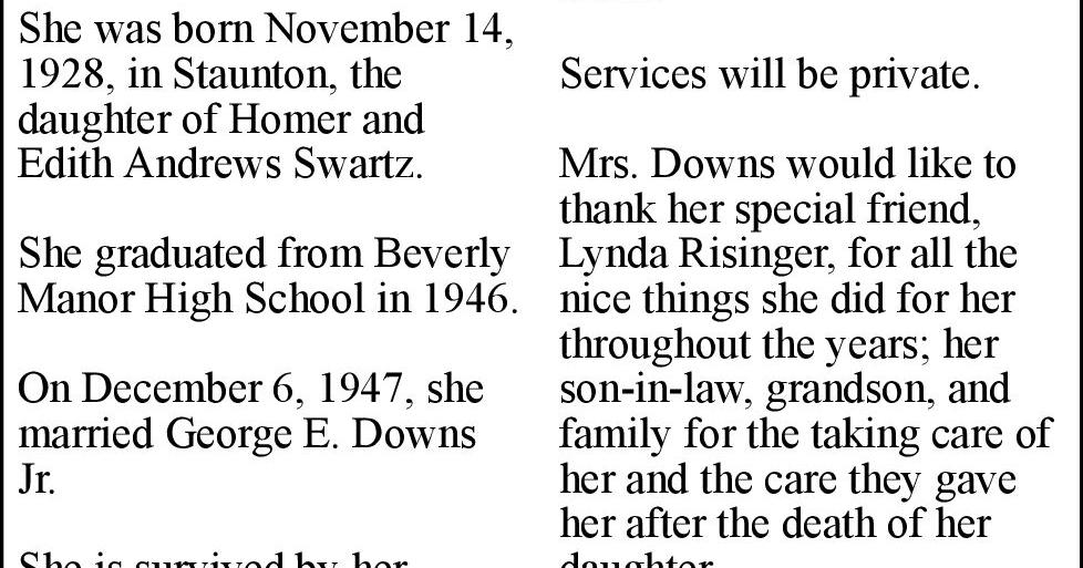 Amelia Ann Swartz Downs Obituaries