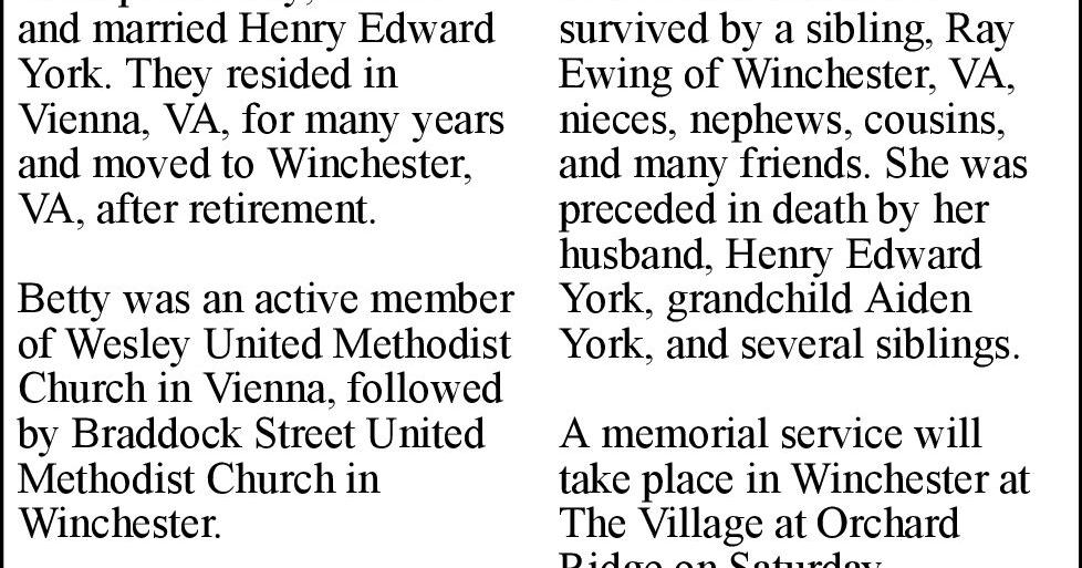 Betty Ewing York | Obituaries | winchesterstar.com