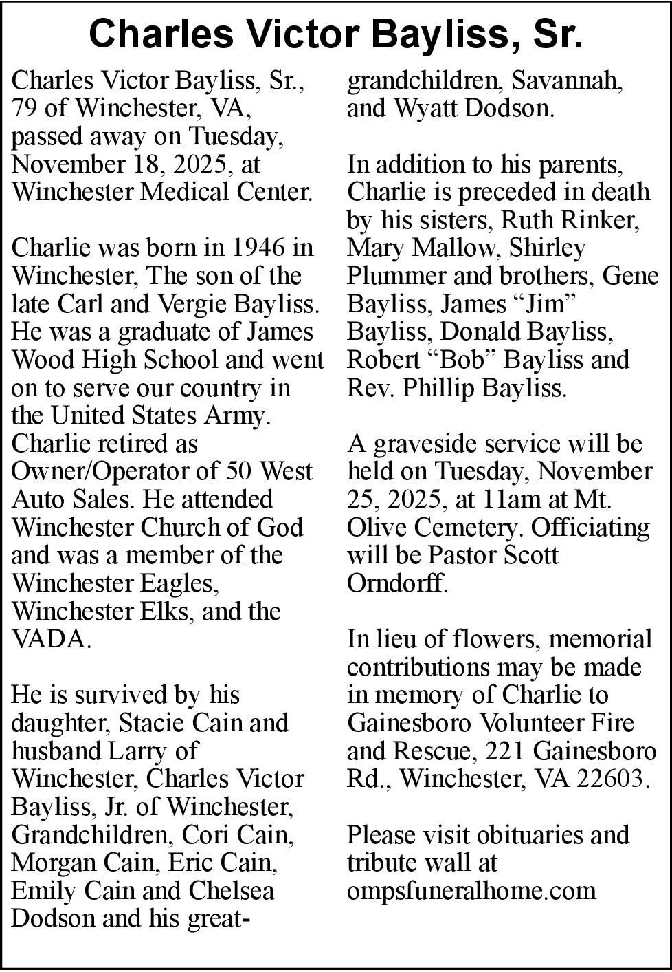 Charles Victor Bayliss, Sr. Obituaries