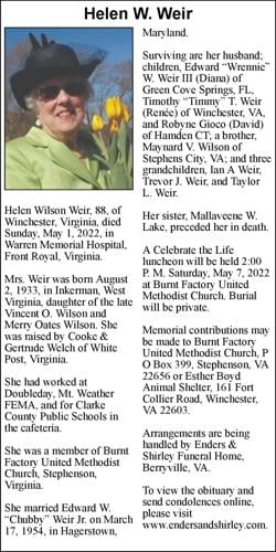 Helen W Weir Obituaries 